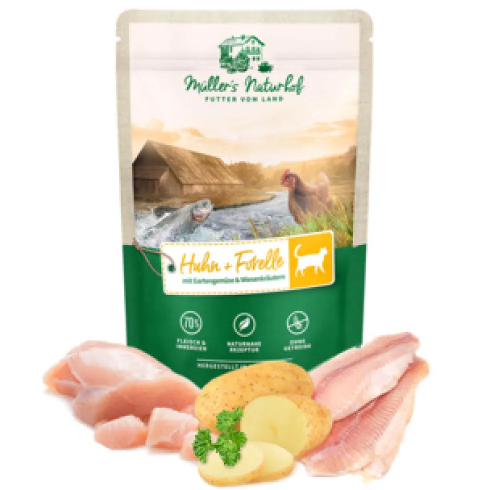 Müller’s Naturhof Traditionell Huhn & Forelle Nassfutter 60 x 100 g