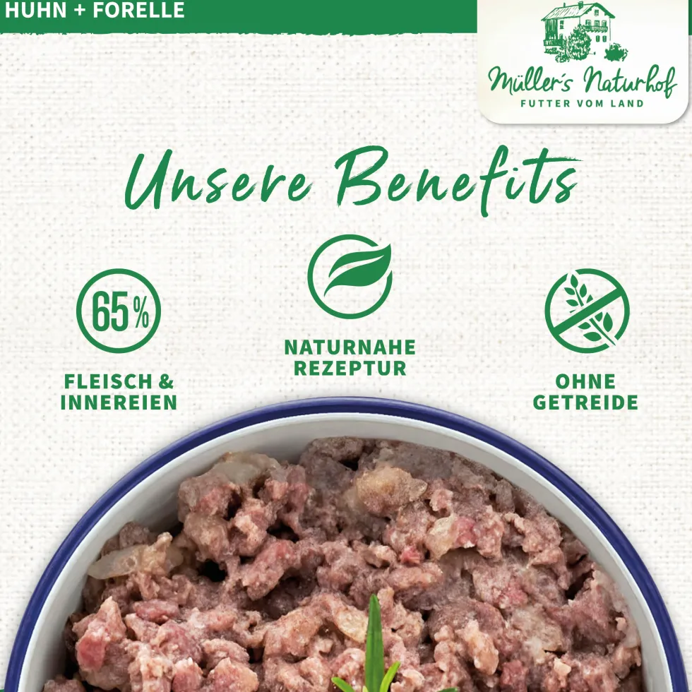 Müller’s Naturhof Traditionell Huhn und Forelle Nassfutter 6 x 800 g
