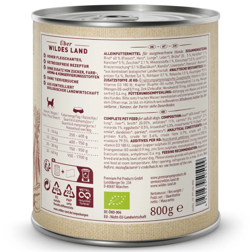 Wildes Land BIO Adult Rind mit Kartoffel & Karotte Nassfutter 6 x 800 g