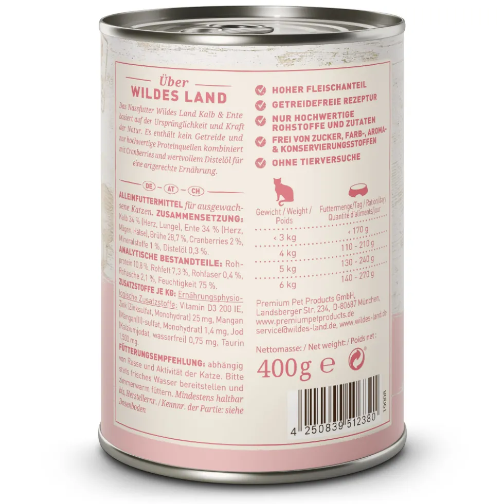 Wildes Land Classic Adult Kalb und Ente Nassfutter 30 x 400 g