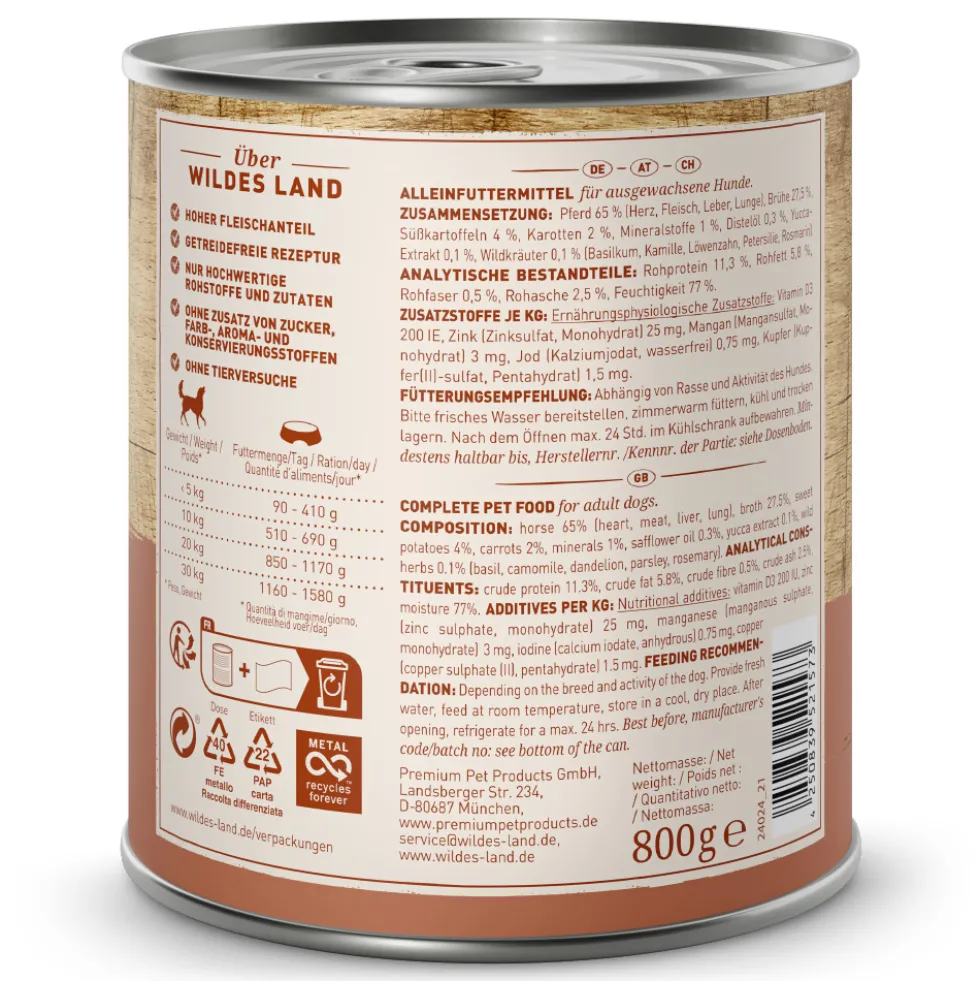 Wildes Land Classic Adult Pferd mit Süßkartoffel Nassfutter 6 x 800 g