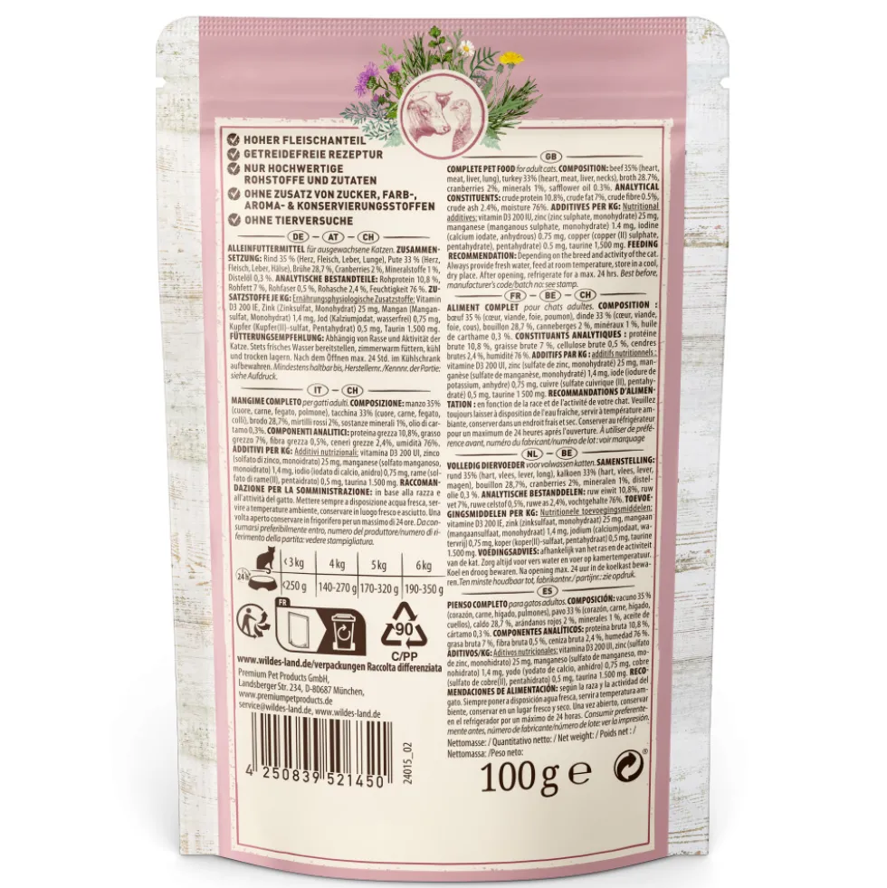 Wildes Land Classic Adult Rind und Pute mit Distelöl Nassfutter 60 x 100 g