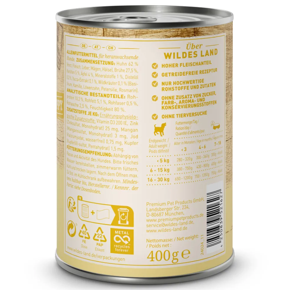 Wildes Land Classic Puppy Huhn mit Karotte Nassfutter 6 x 400 g