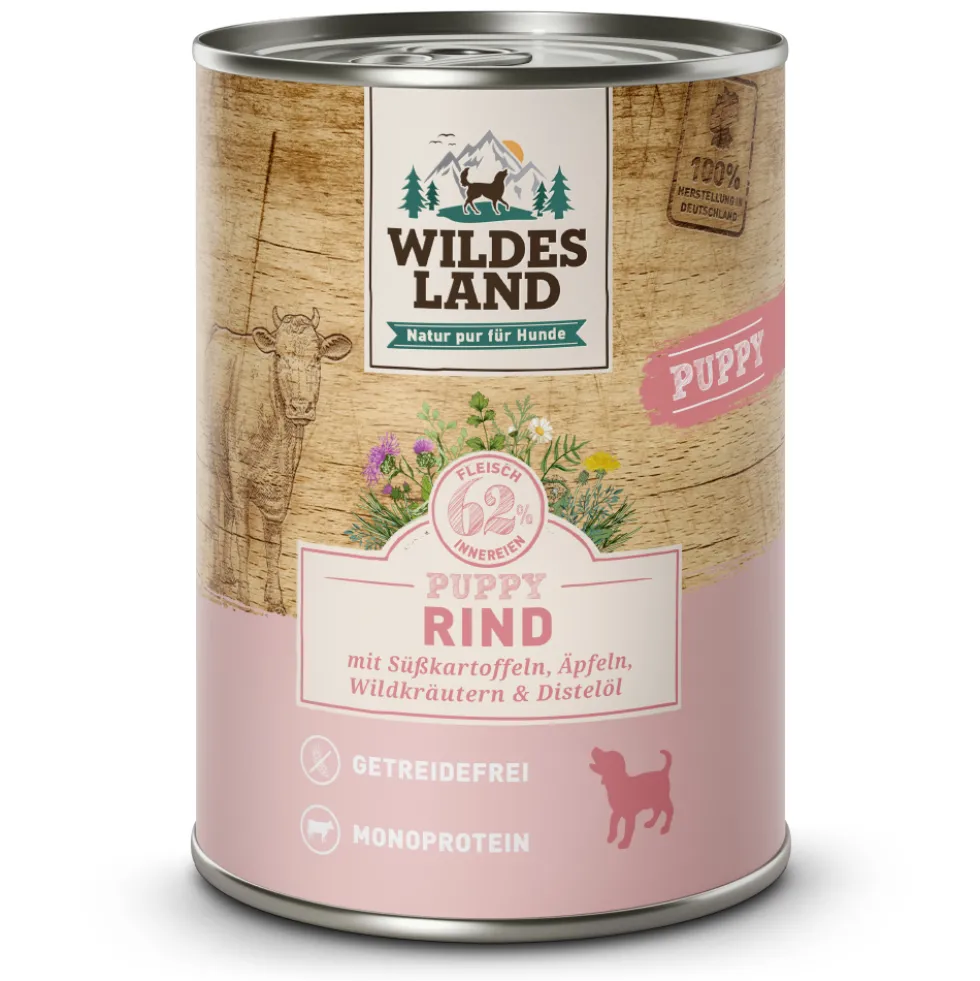 Wildes Land Classic Puppy Rind mit Süßkartoffel Nassfutter 6 x 400 g