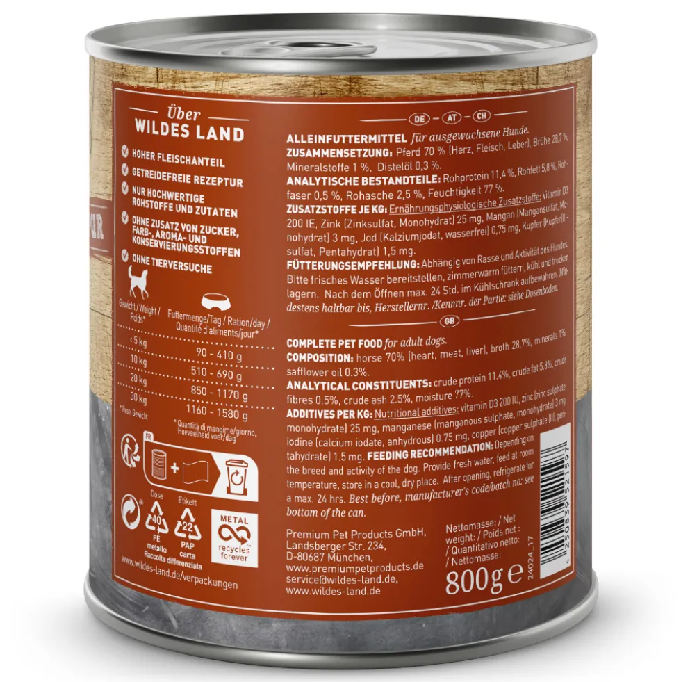 Wildes Land PUR Adult Pferd mit Distelöl Nassfutter 6 x 800 g