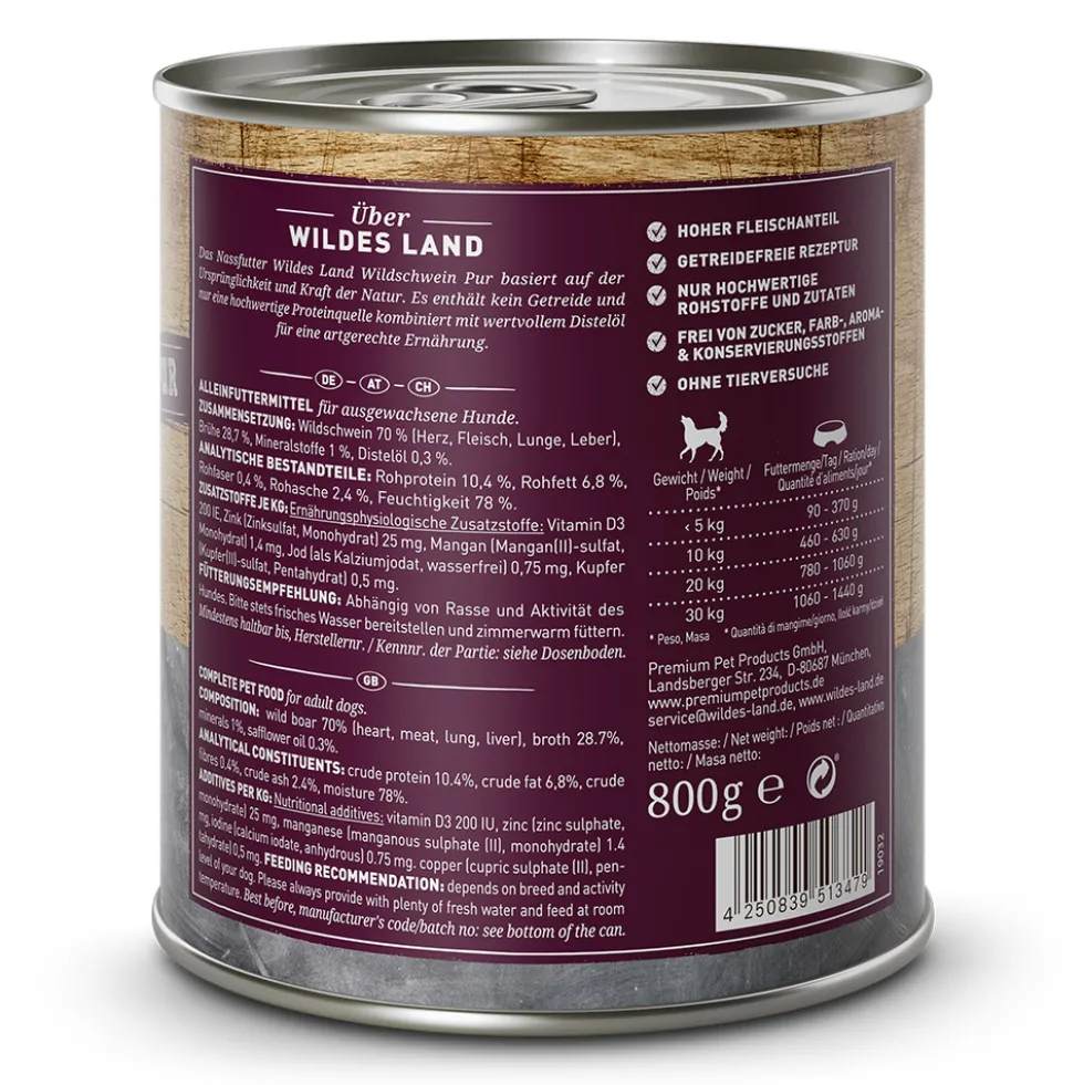 Wildes Land PUR Adult Wildschwein mit Distelöl Nassfutter 6 x 800 g